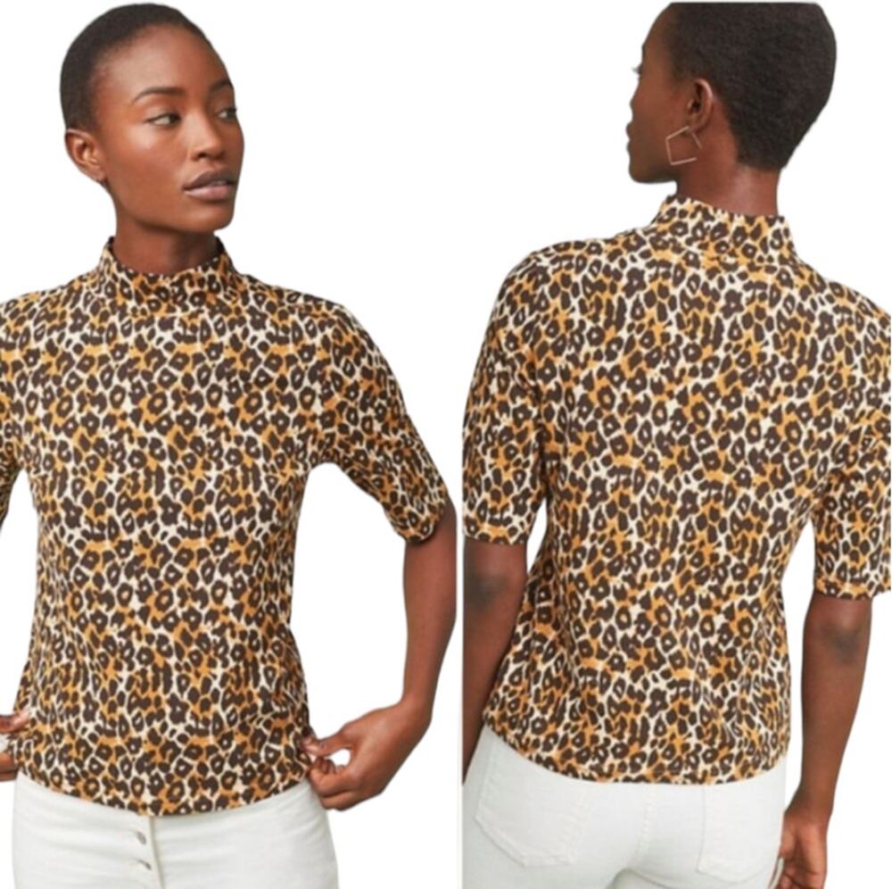 Anthropologie Mock Neck Top Pullover Animal Leopard Print Short Sleeve Brown XS